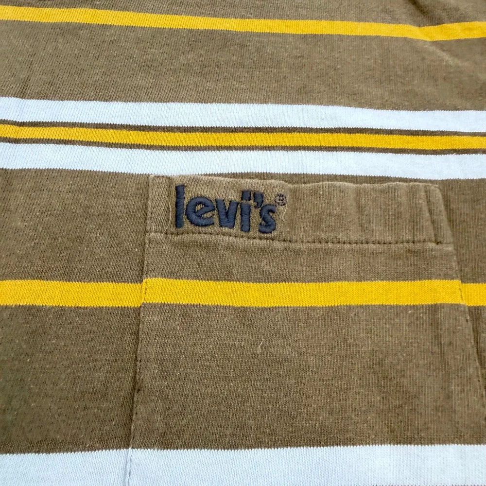 Levis Mens Oversized Striped Pocket T-Shirt Olive Green Yellow White Large